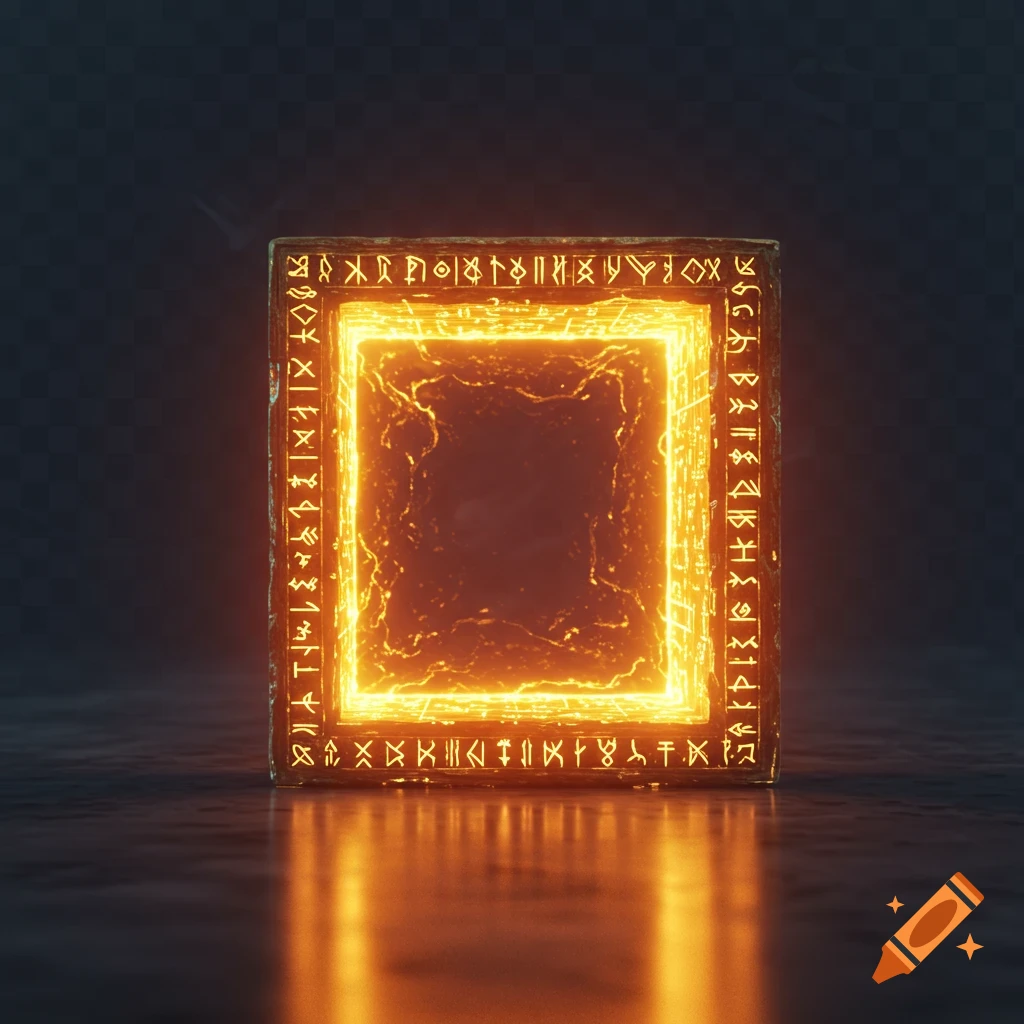 A glowing square portal with ancient symbols on its frame, casting a bright orange light on a dark, reflective surface.