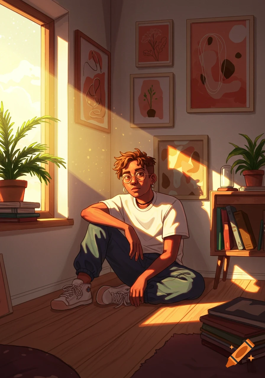 Illustrated young person sitting on a sunlit wooden floor in a cozy room with plants and framed art.