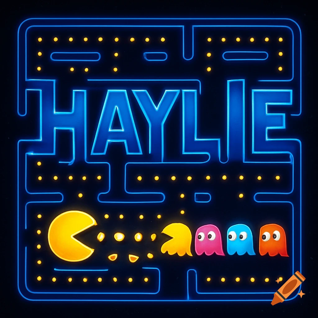 A glowing blue Pac-Man maze with the name HAYLIE, featuring Pac-Man and colorful ghosts.