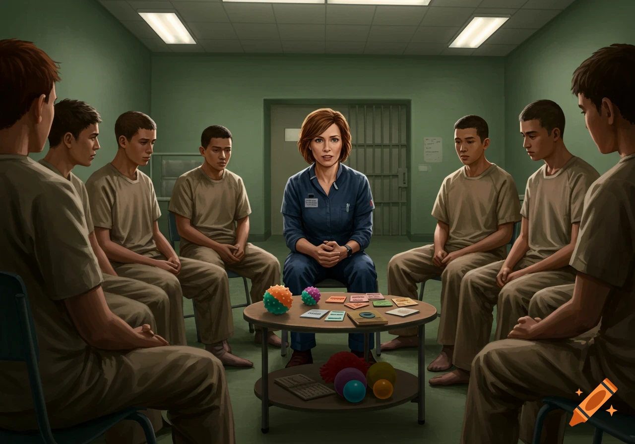 Female trauma therapist leads a group therapy session with teenage boys in a juvenile prison.