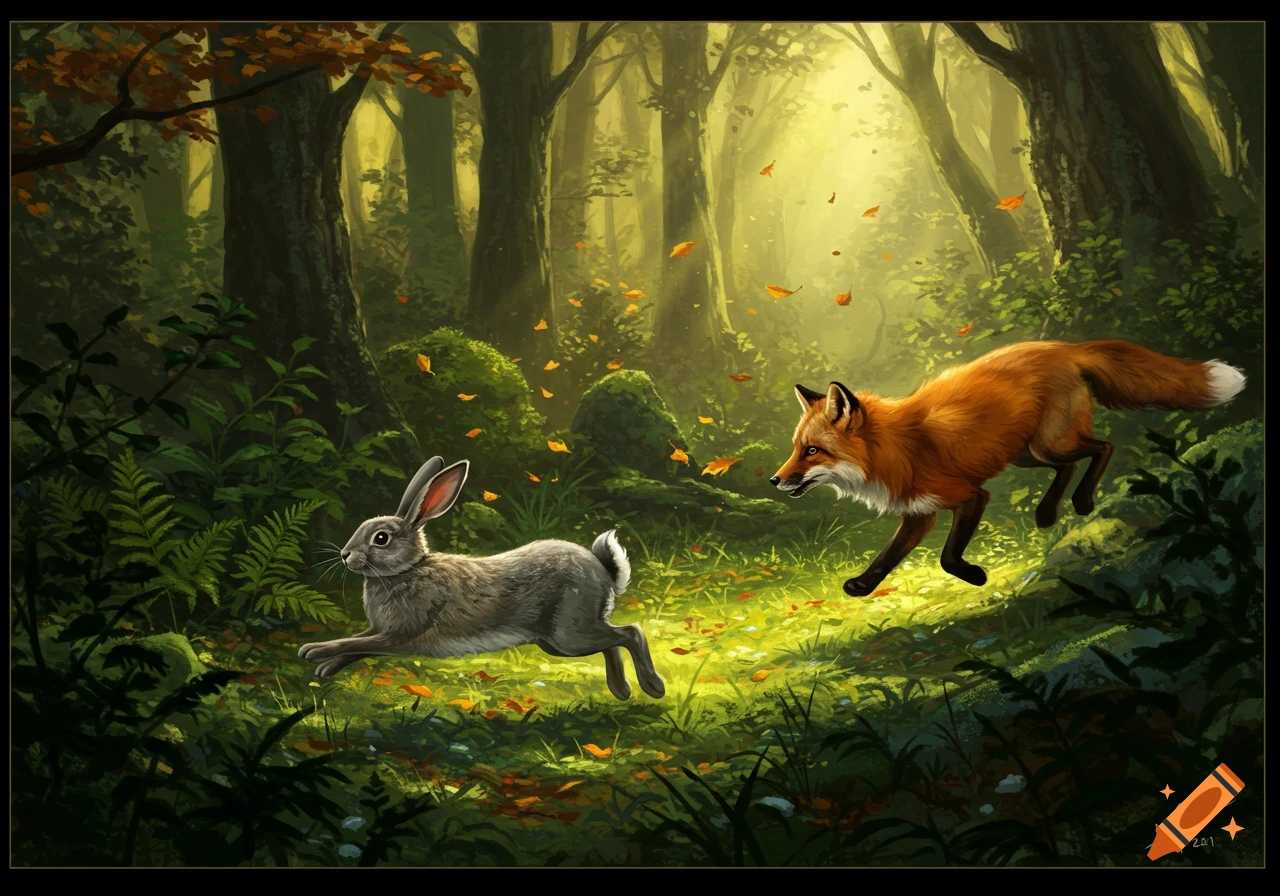 A rabbit runs through a sunlit forest, pursued by a fox, in a detailed digital painting.
