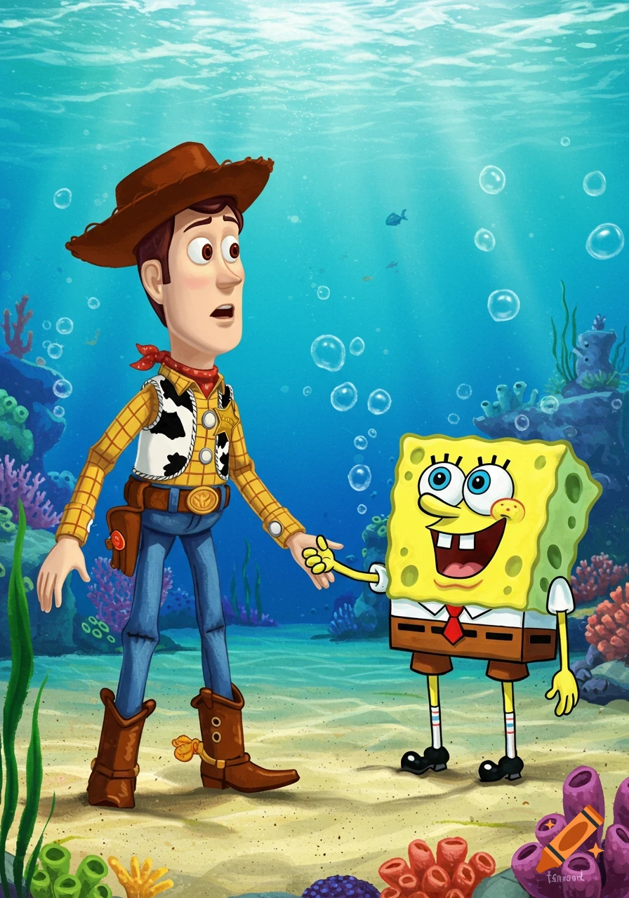 Woody from Toy Story and SpongeBob SquarePants meet underwater, shaking hands amidst coral and bubbles. Woody looks surprised.