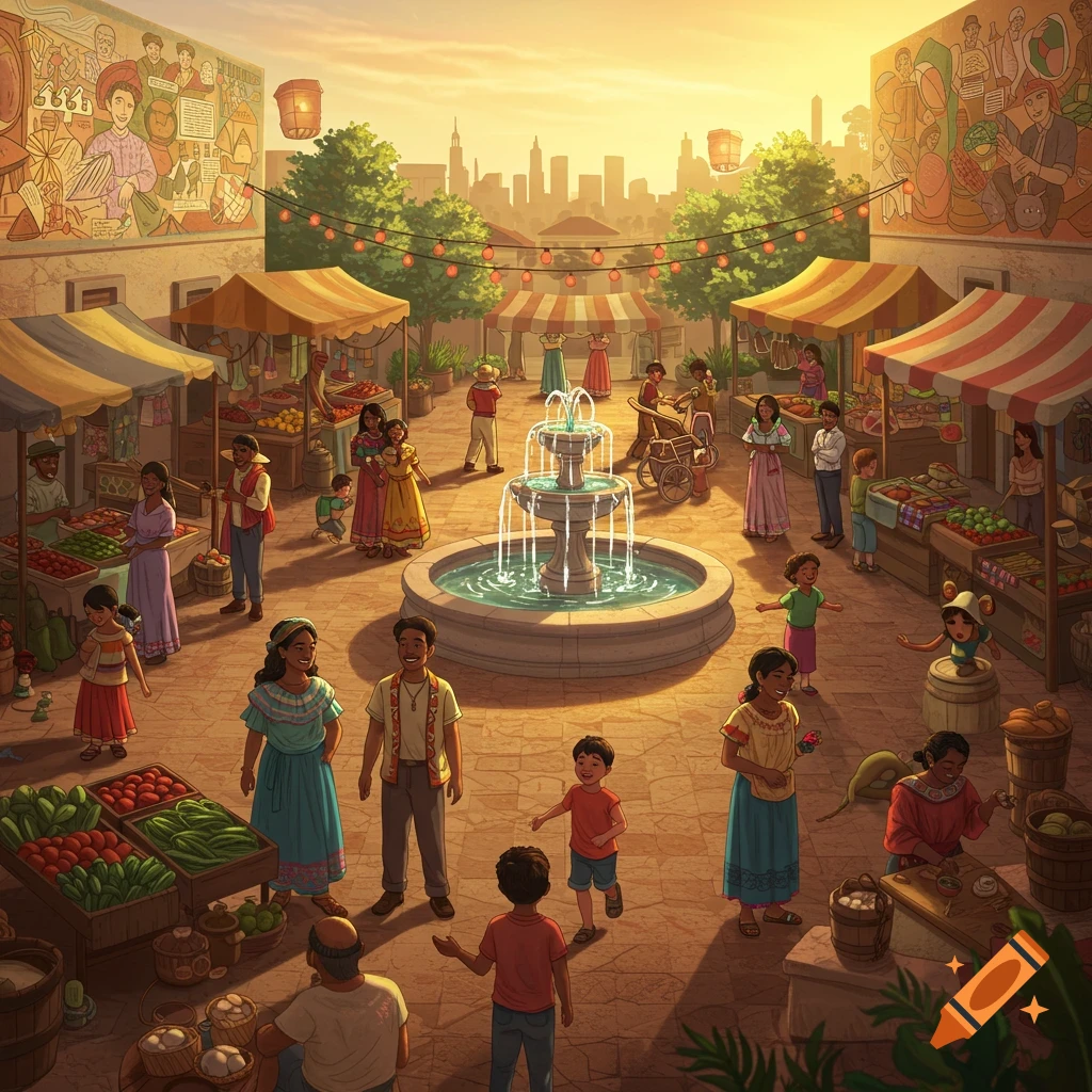 A vibrant market square bustling with people, stalls, and a fountain under a warm, sunny sky. Murals adorn the buildings.