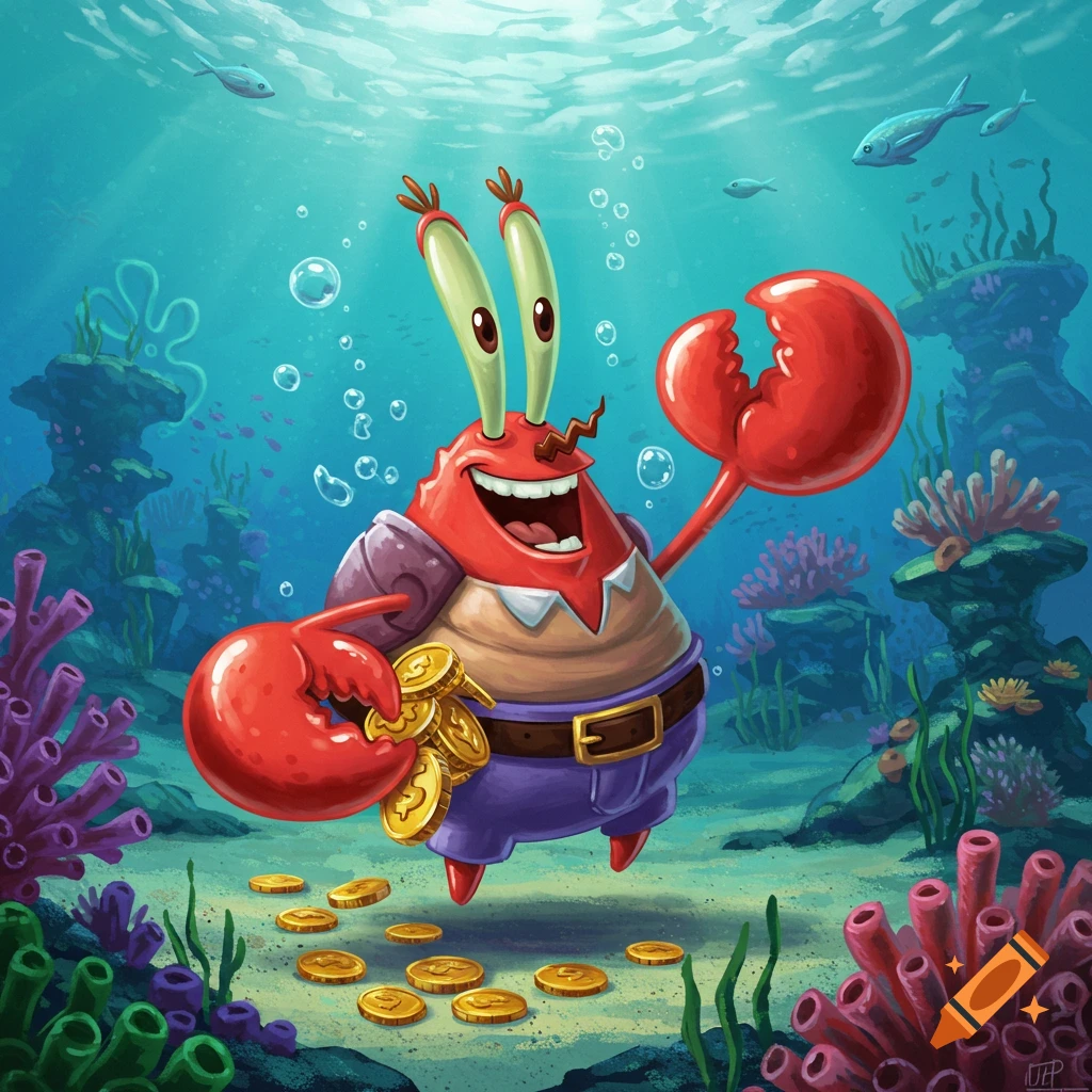 A smiling Mr. Krabs from Spongebob Squarepants stands underwater surrounded by gold coins, holding a pile of them in his claw.