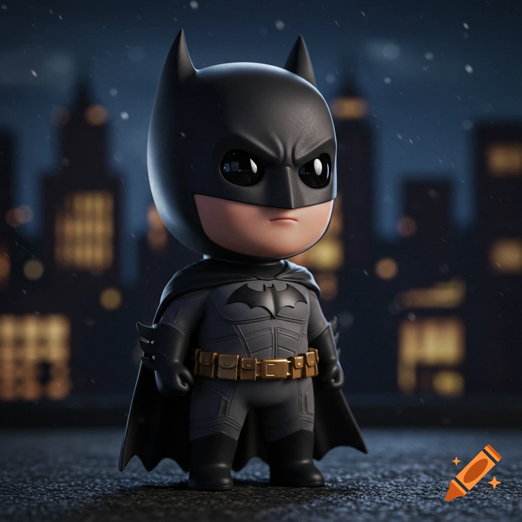 A 3D rendering of a chibi Batman standing on a wet surface with a blurry cityscape in the background under falling snow.