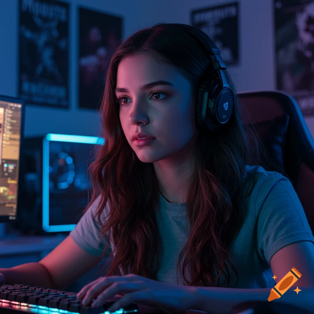 A young woman wearing headphones intently plays on a computer, her hands on a backlit keyboard in a dimly lit room with blue and red ambient light.