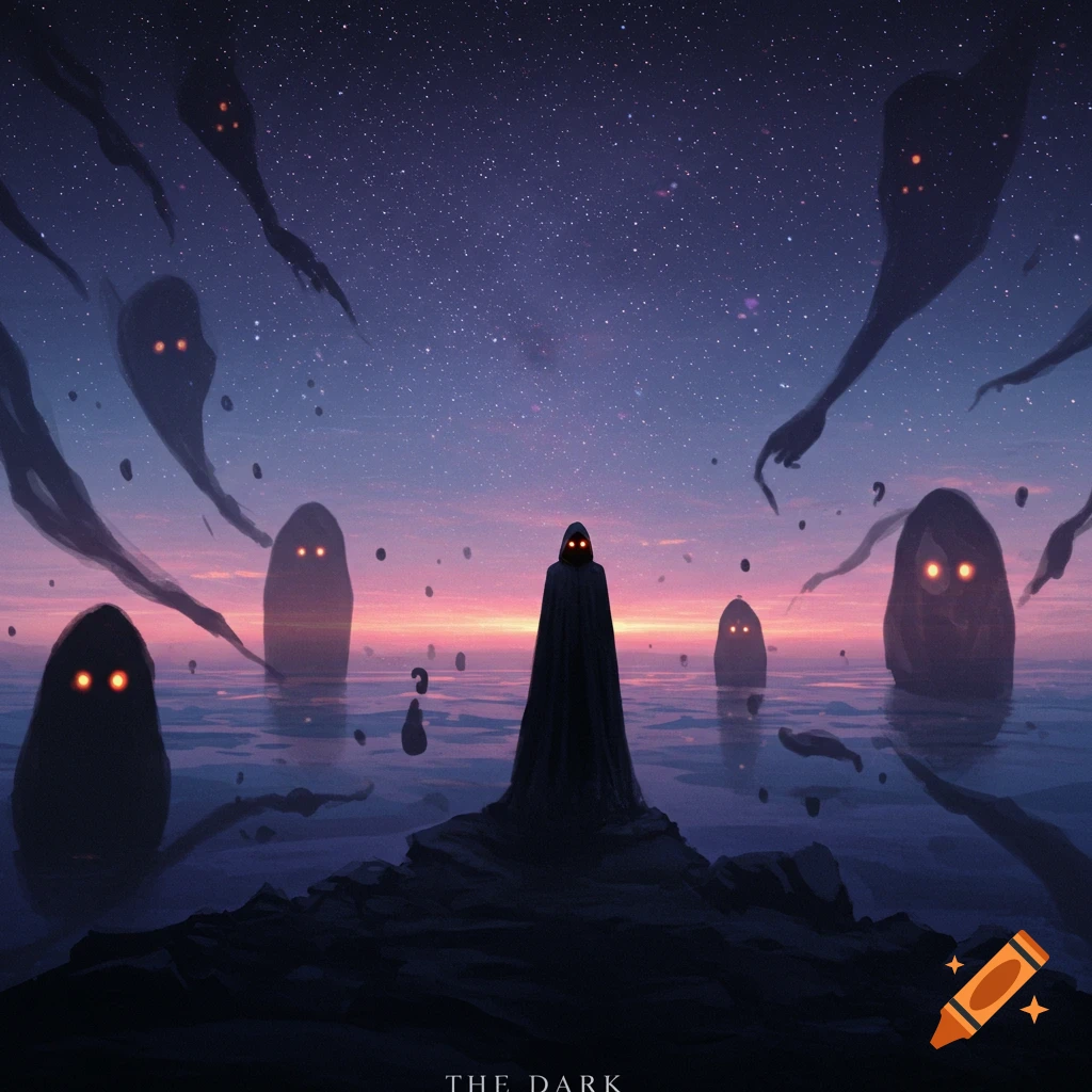 A cloaked figure stands on a rock amidst shadowy, glowing-eyed entities in mystical water under a starry twilight sky.