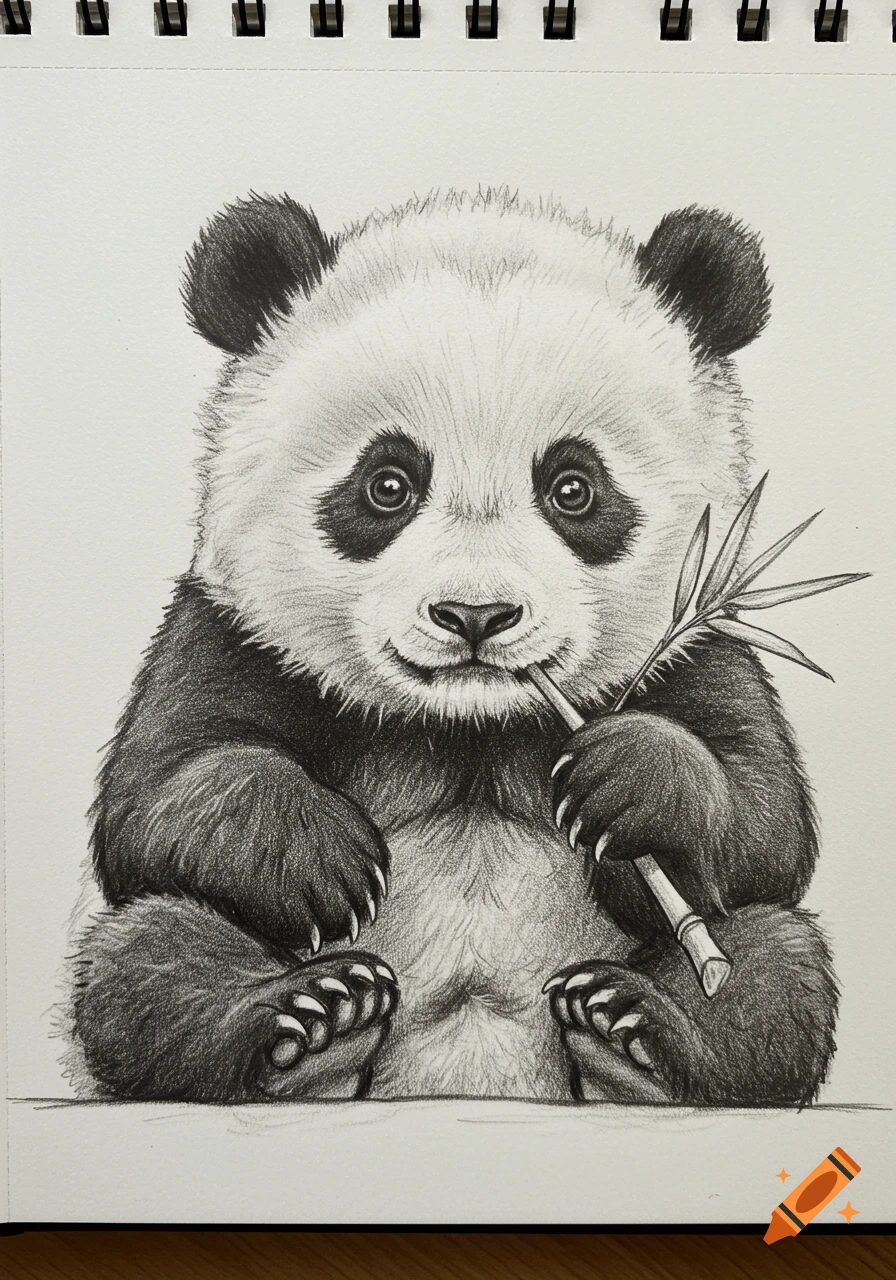 A cute charcoal drawing of a baby panda holding bamboo, looking forward, in a sketchbook.