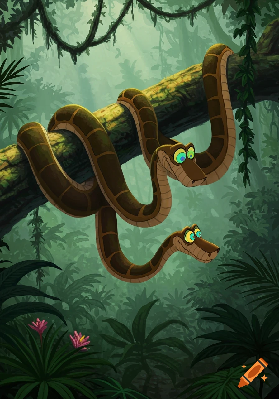 Two cartoon snakes with large, colorful eyes are coiled around a thick tree branch in a lush, green jungle.