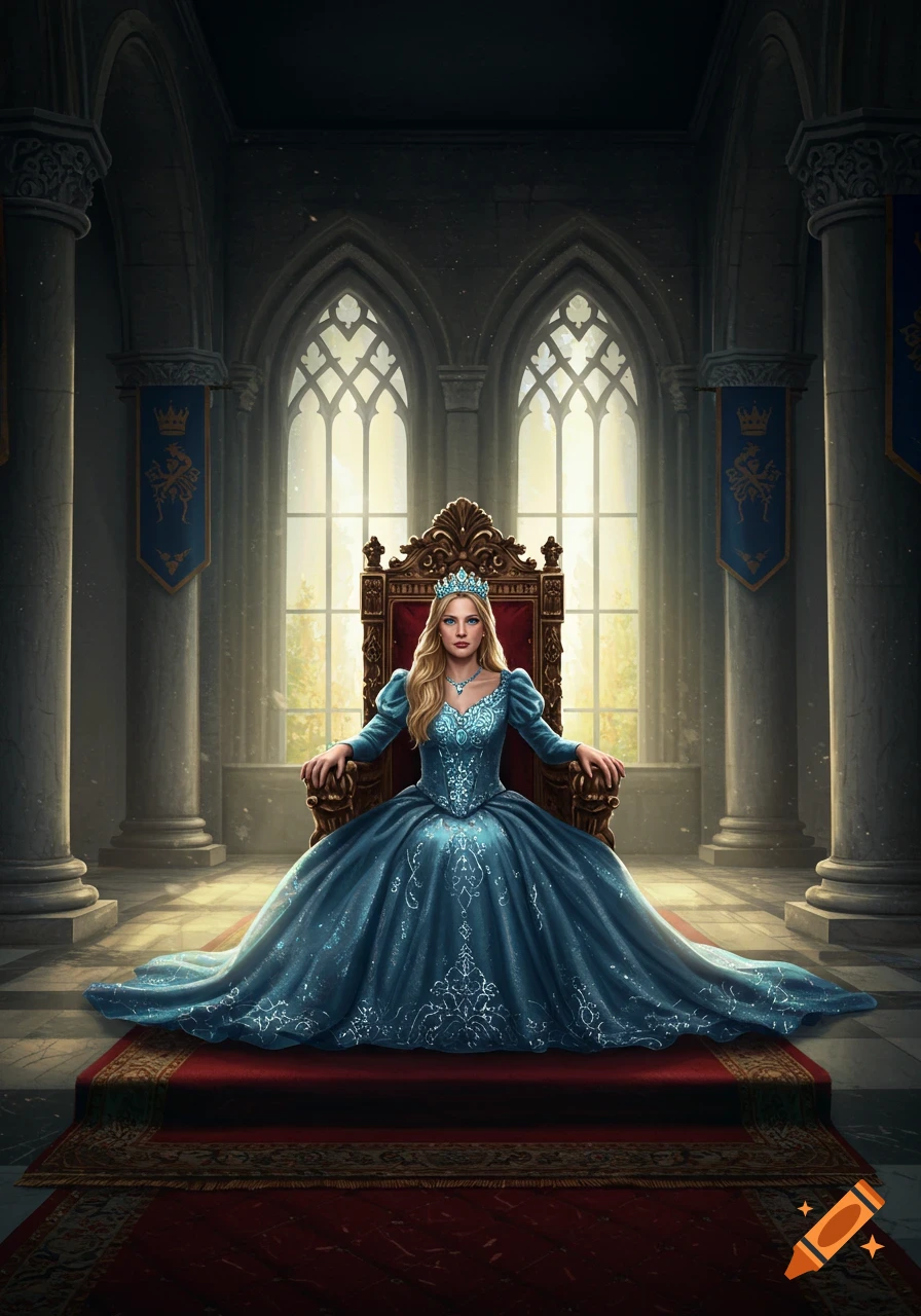 A beautiful blonde queen in a shimmering blue gown sits on a grand throne in a photorealistic castle hall.