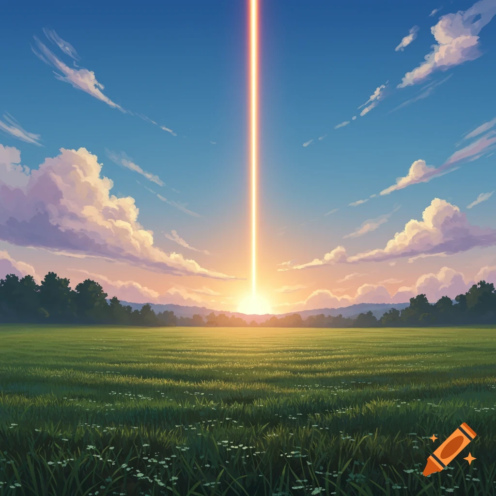 Illustrated open green field with a bright light beam descending from the sky at sunset, under a blue sky with clouds.