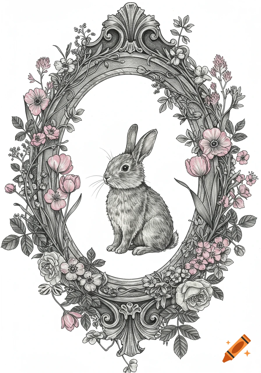 A black and white drawing of a bunny in an ornate oval frame surrounded by pink and white flowers and vines.
