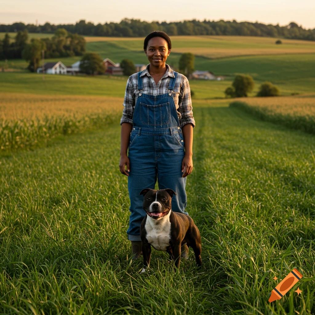 A smiling Black woman in overalls stands in a green field with a black and white Staffy dog, photorealistic.