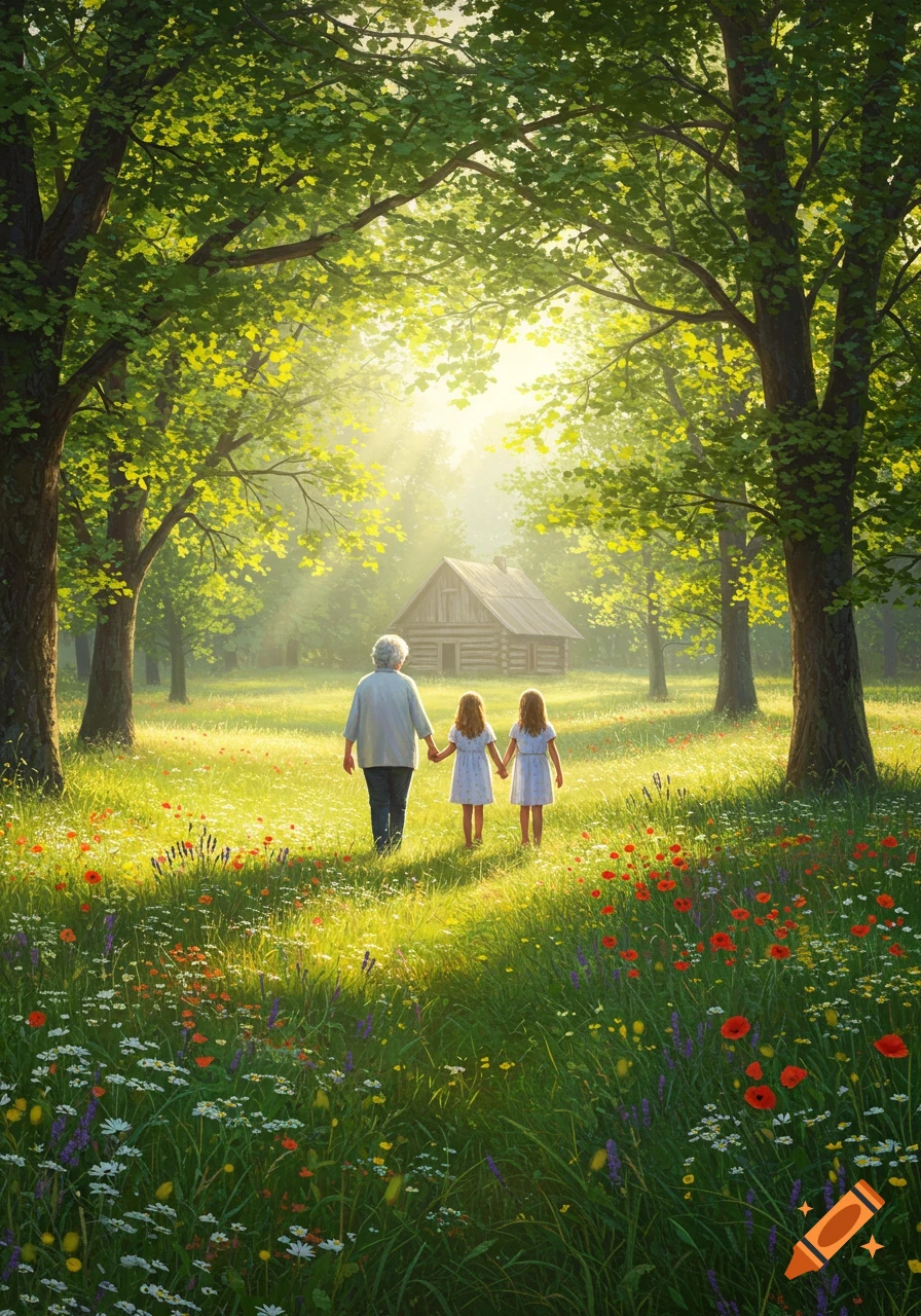 A grandma and two young girls walk away from the viewer through a sunlit, wildflower-filled forest glade towards a rustic log cabin, in a painterly style.