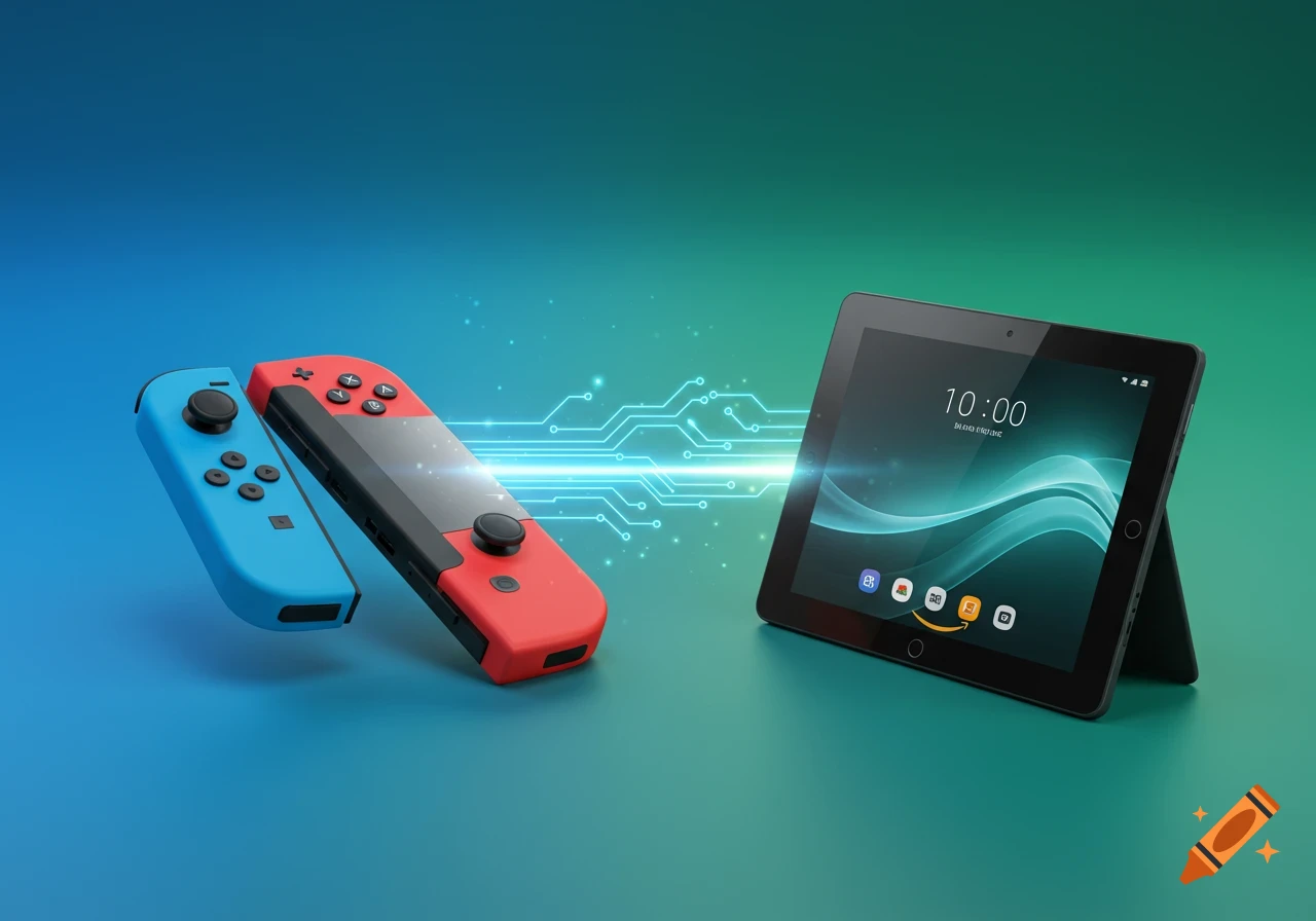 A blue and a red gaming controller next to a black tablet displaying a digital circuit pattern, all on a blue to green gradient background.