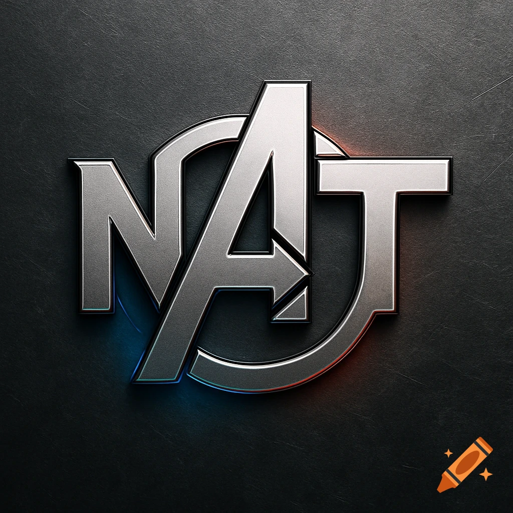 Metallic silver logo with letters N, A, and T, styled like the Avengers emblem, on a dark textured background with blue and red glow.