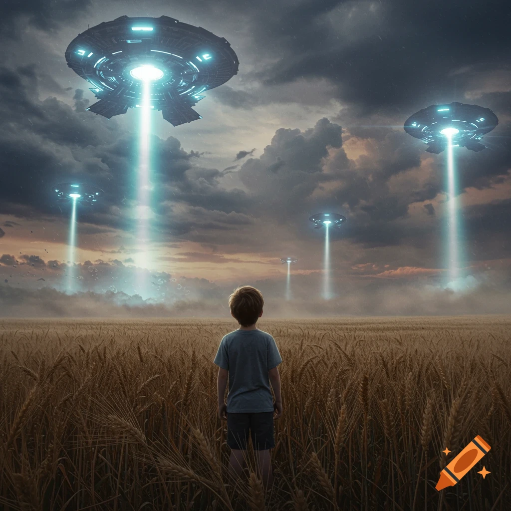A boy stands in a wheat field, looking up at several UFOs with bright light beams descending from the sky.