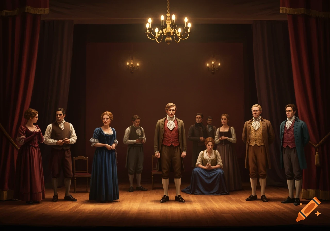 A group of actors in historical costumes standing on a lit wooden stage with red curtains and chandeliers.