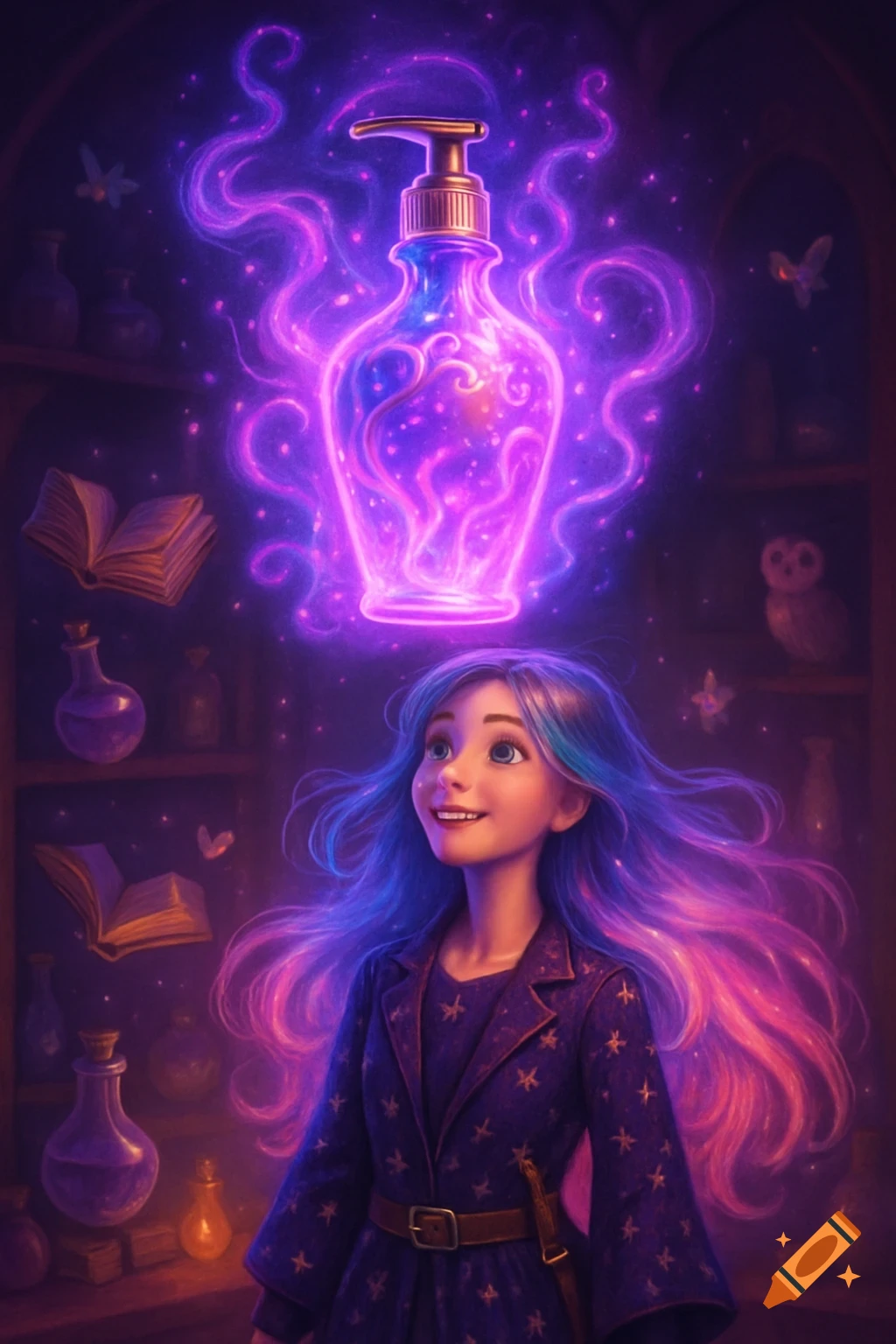 A whimsical young sorceress with flowing blue and pink hair smiles, looking up at a glowing, ornate purple shampoo bottle hovering above her in a magical apothecary filled with books and potions.
