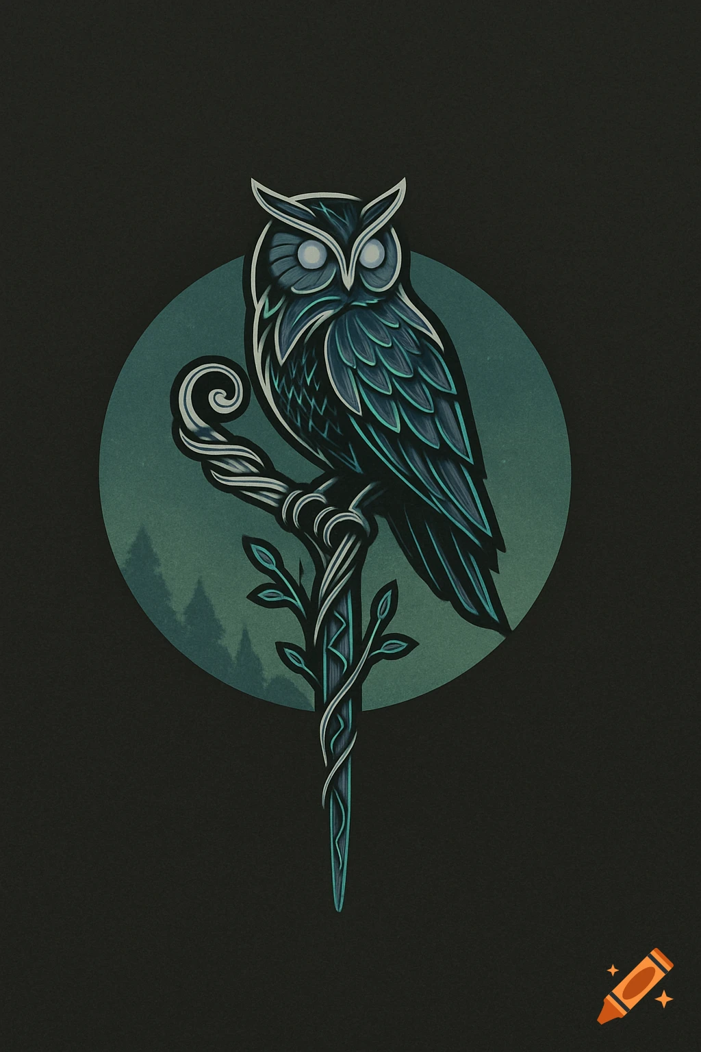 An ornate owl with glowing eyes perched on a twisted branch, silhouetted against a dark teal circular background with subtle trees.