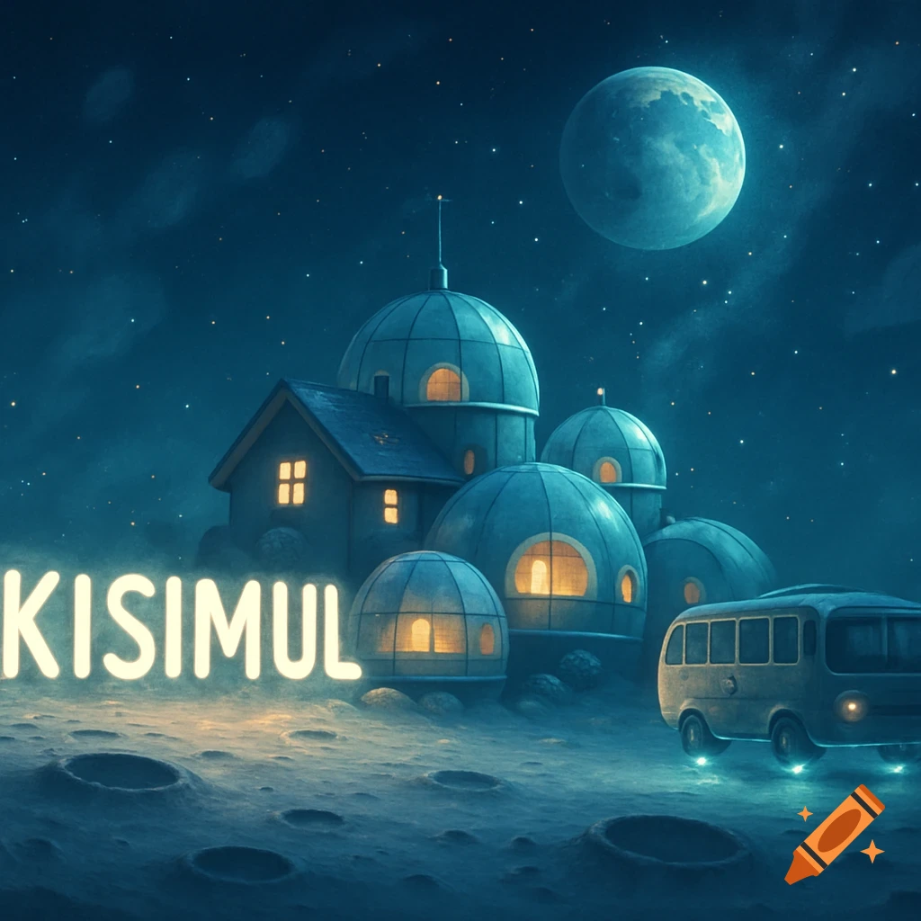 A whimsical children's home with several domed buildings and a house, with the glowing word "KISIMUL" in front. A space bus is parked beside it, all on the cratered surface of the moon under a large full moon and starry sky.