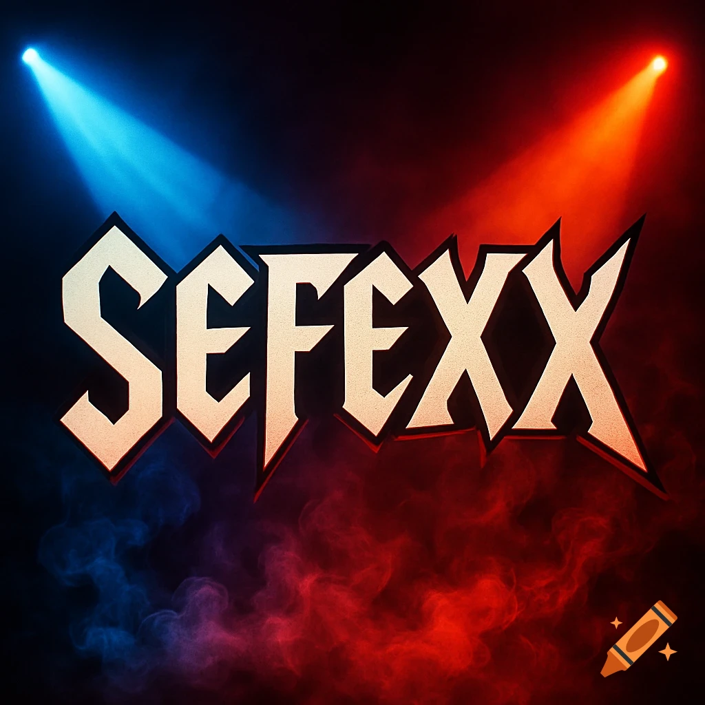 The word SEFEXX in a bold, jagged rock band font, illuminated by blue and red spotlights with matching smoke.
