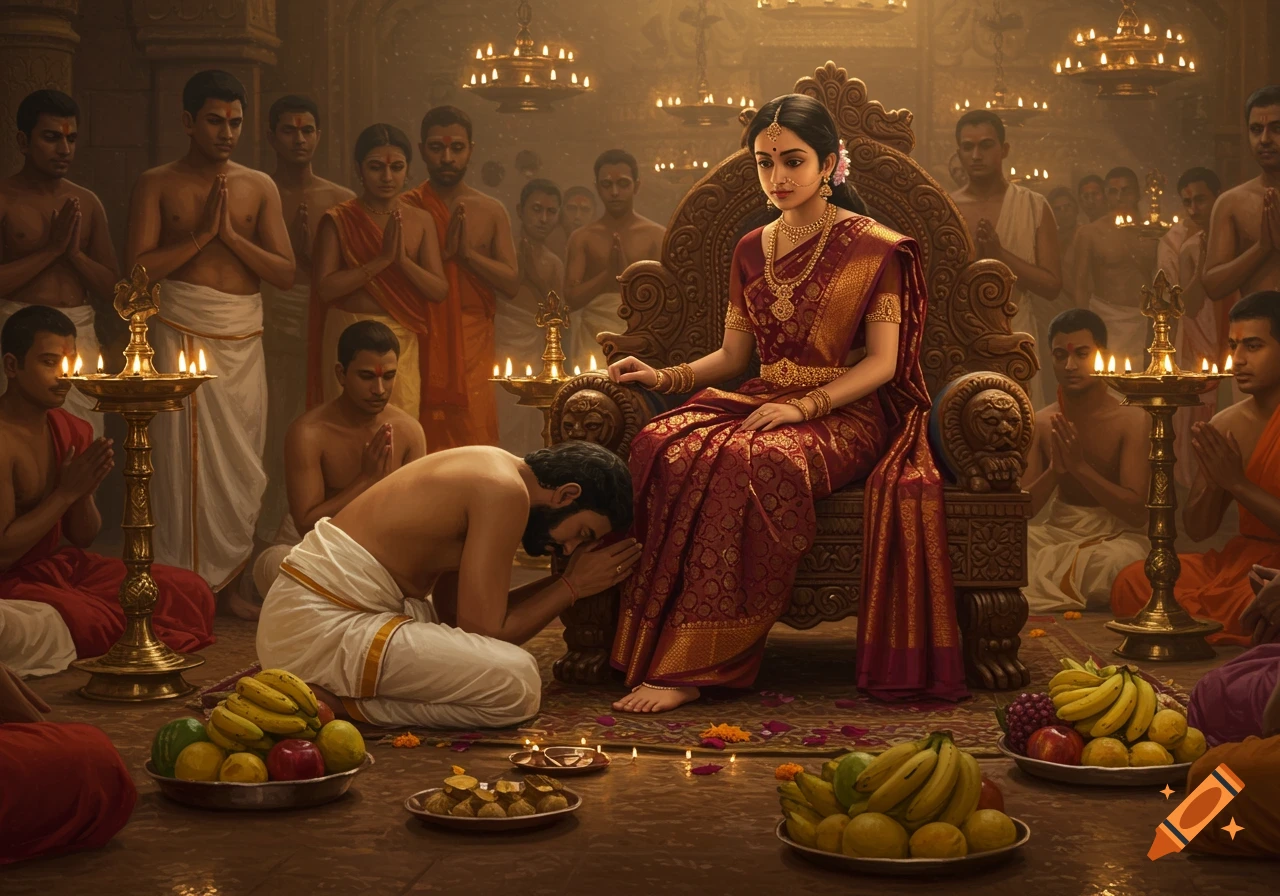 A woman in a red saree sits on a throne as a man in a dhoti bows before her in a temple-like setting with lamps and offerings. Other devotees stand with folded hands.