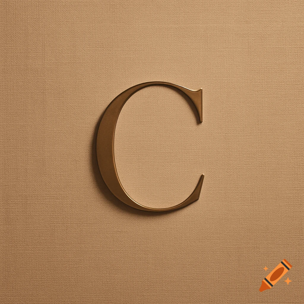 A bronze-colored capital letter C casts a shadow on a textured light brown background.