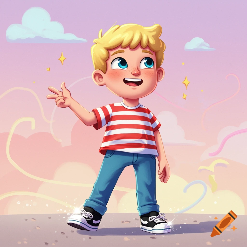A smiling blond cartoon boy in a red and white striped shirt, blue jeans, and sneakers looks up, raising his right hand.