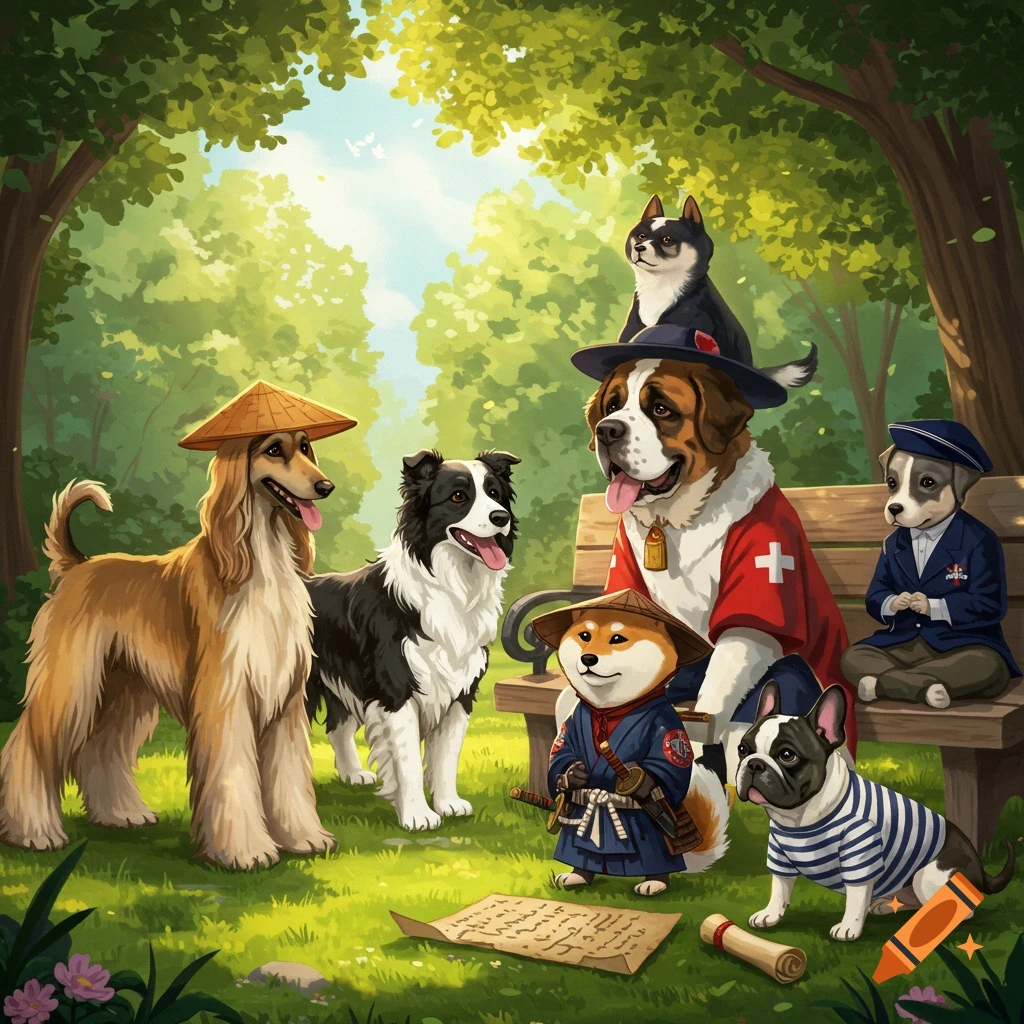 A group of diverse dogs dressed in various cultural attires gathered in a sunny park.
