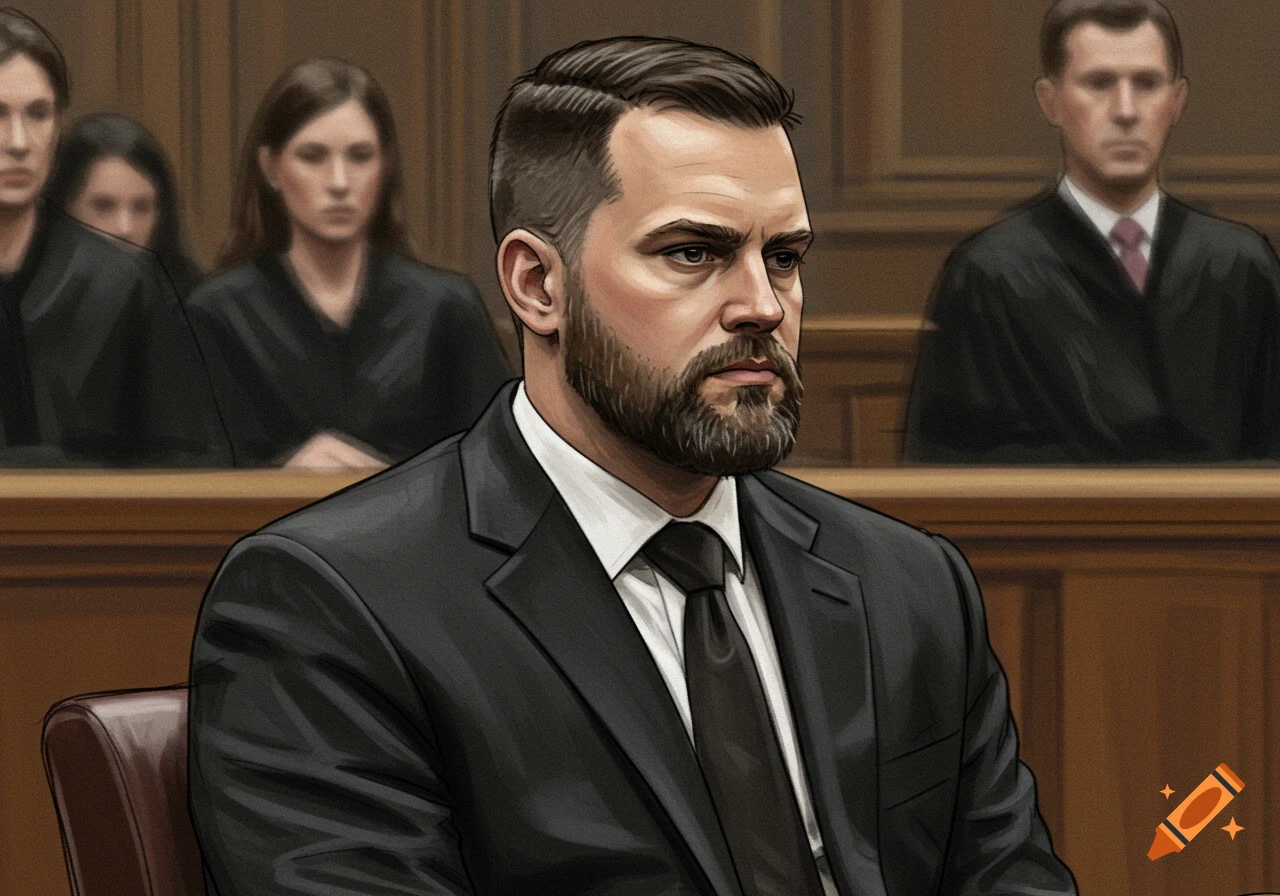 A courtroom sketch of a bearded man in a black suit and tie, sitting in a courtroom.