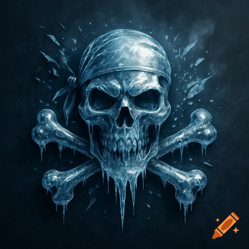 An icy pirate skull with sharp teeth and bandana, above two crossed bones, all covered in icicles, against a dark blue background.