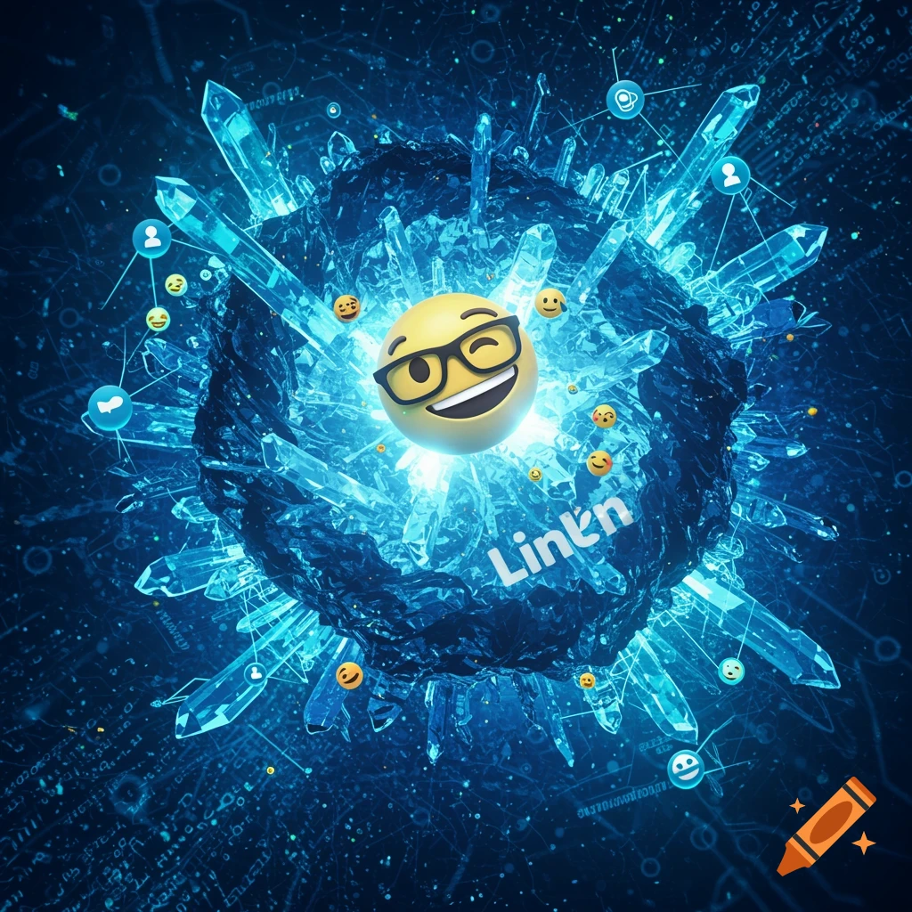 A winking emoji with glasses surrounded by glowing blue crystals and social media icons, with the text 'Lin'n'.
