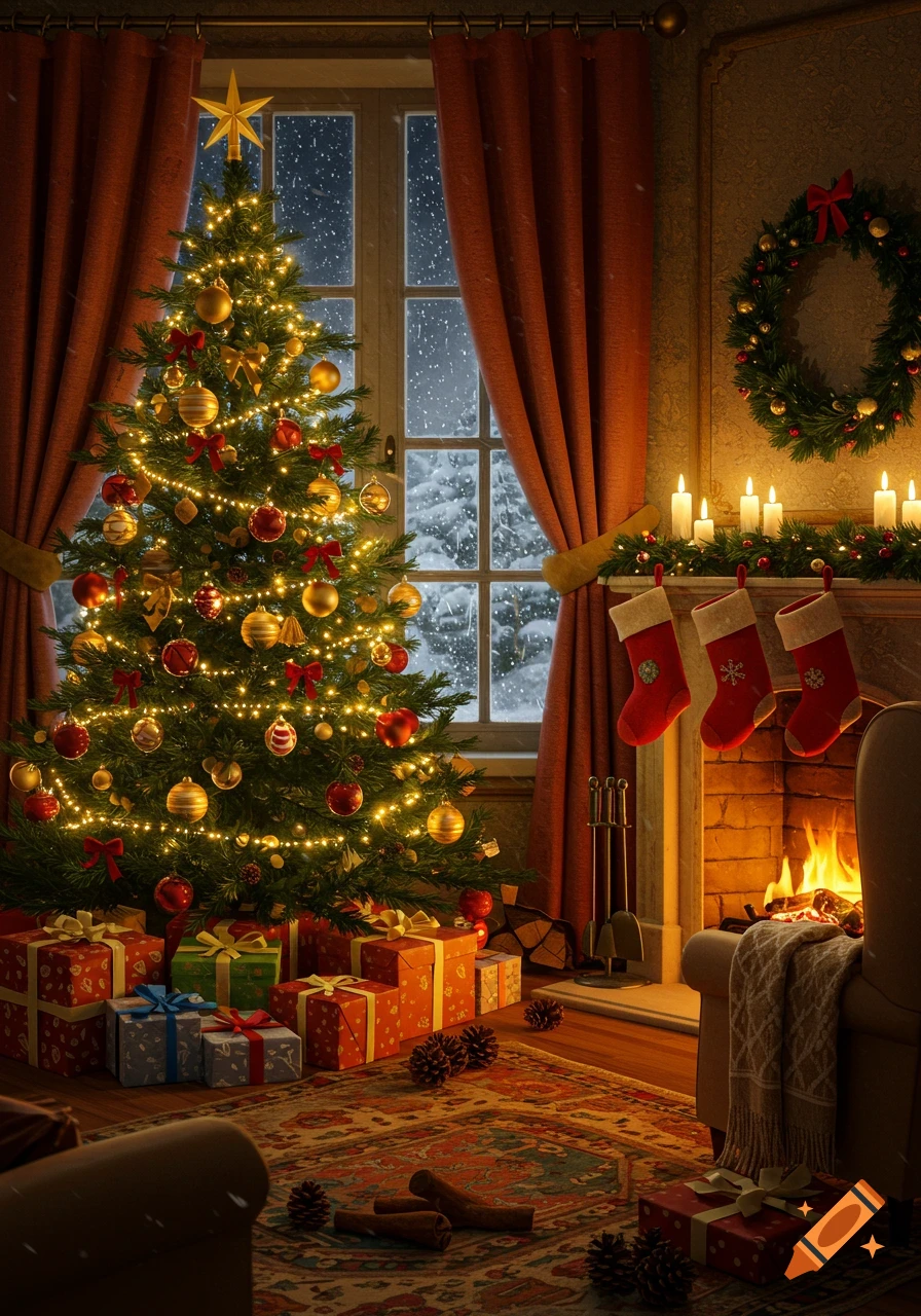 A cozy Christmas living room at night with a decorated tree, presents, and a fireplace with stockings, snow falling outside.
