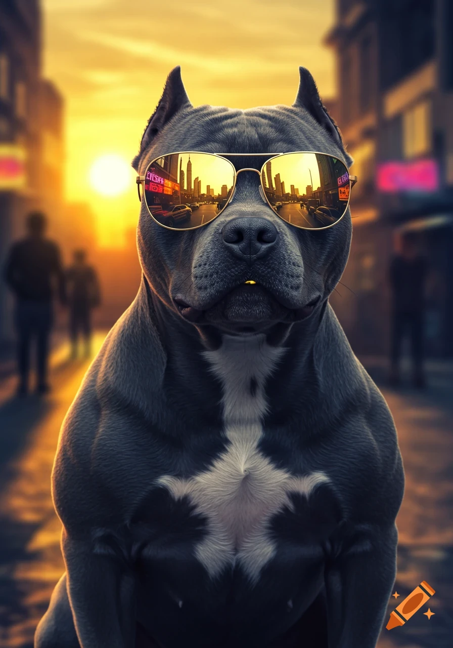 A cool grey pitbull wearing aviator sunglasses and a gold tooth, standing on a city street at sunset with buildings reflected in its lenses.
