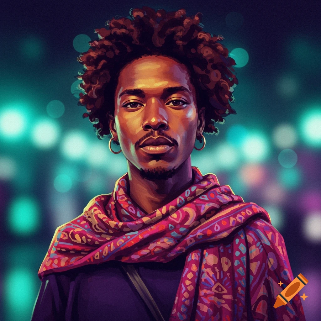 Digital art portrait of a man with curly hair, hoop earrings, and a colorful patterned scarf against a blurred background.