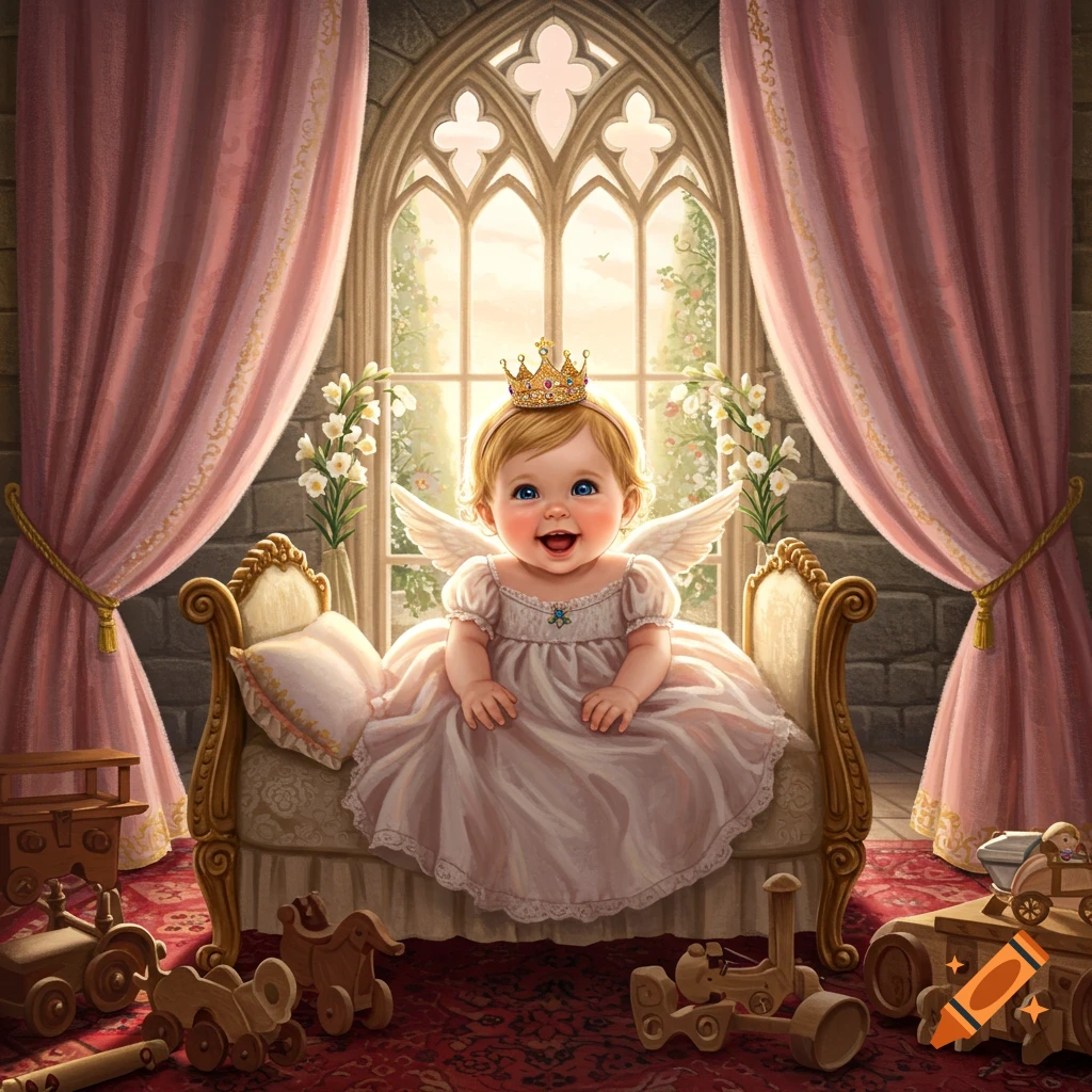 A happy baby with a crown and tiny wings sits on a golden bed in a castle room with pink curtains and a large gothic window, surrounded by wooden toys.