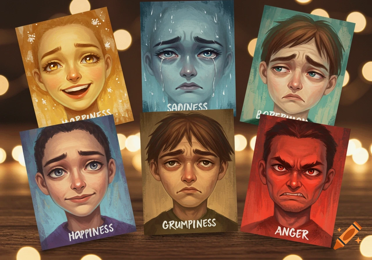 Six stylized illustrated cards displaying faces representing emotions: happiness, sadness, grumpiness, and anger, with one card mislabeled.