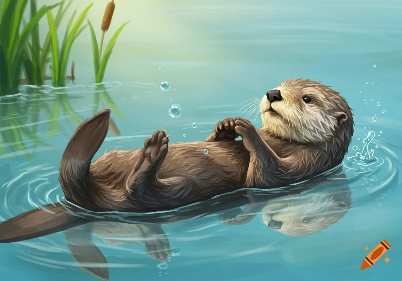 An otter floats on its back in calm water, looking up. Green reeds are visible in the background.