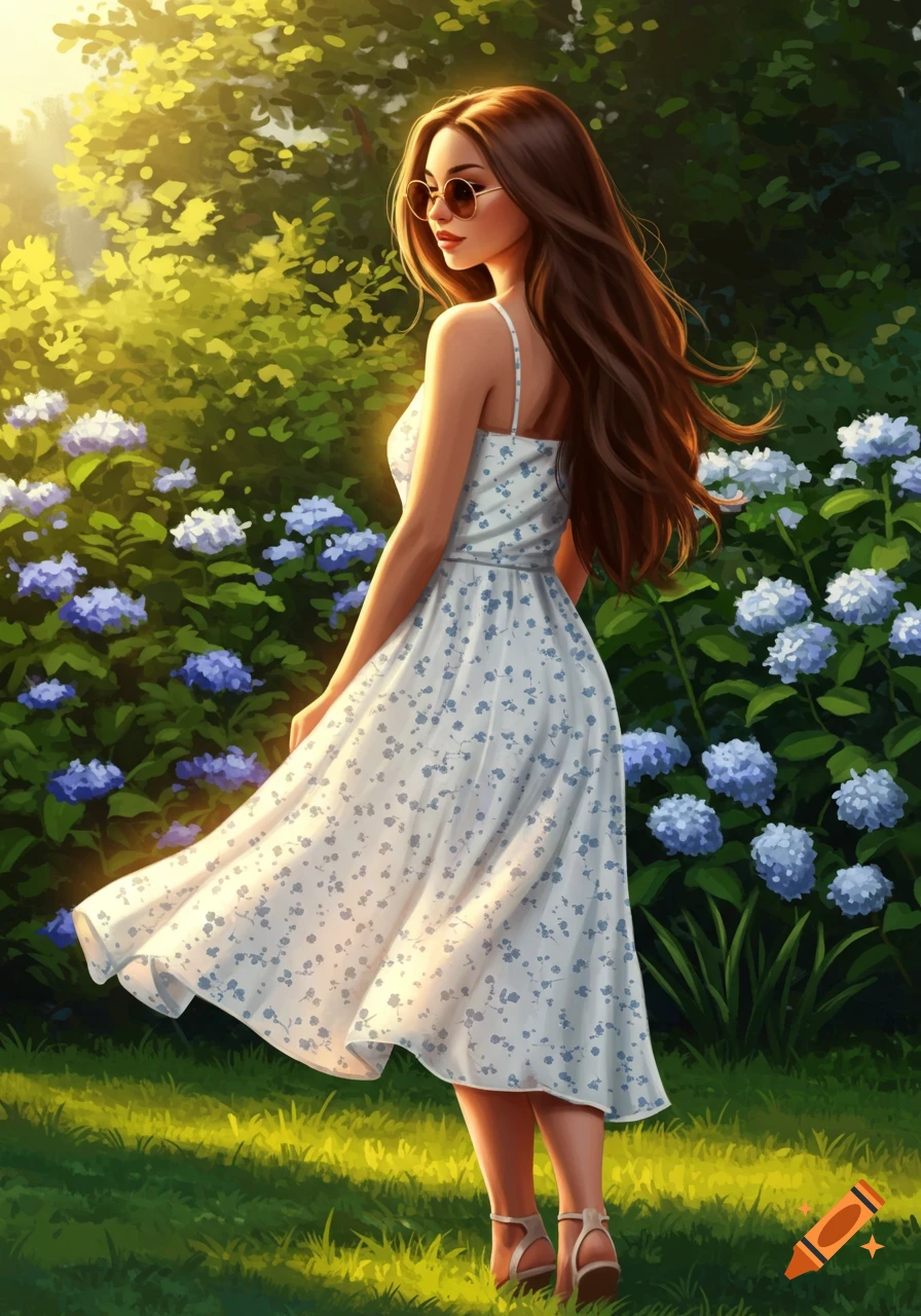 A woman with long brown hair and sunglasses wearing a white floral dress and sandals walks through a sunlit garden with blue flowers.