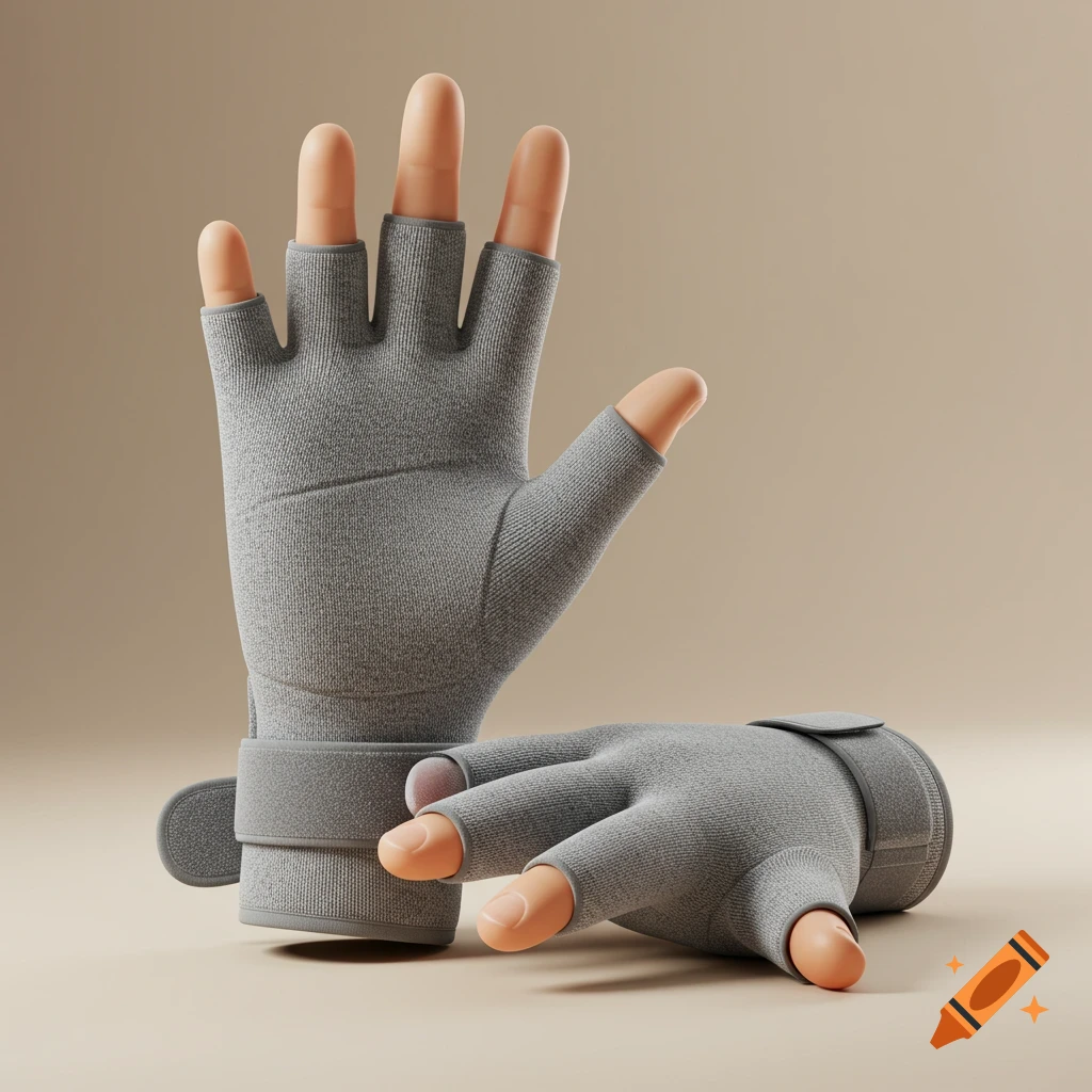 Two grey half-finger compression gloves for arthritis, one upright and one lying down on a beige background.