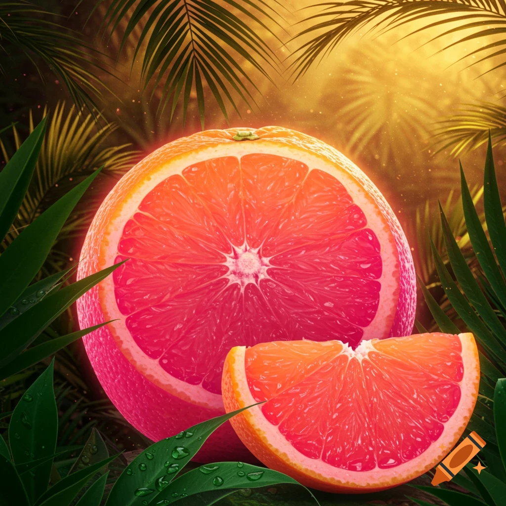 A vibrant pink grapefruit, cut in half, with a slice in front, surrounded by lush green tropical leaves under a golden glow.