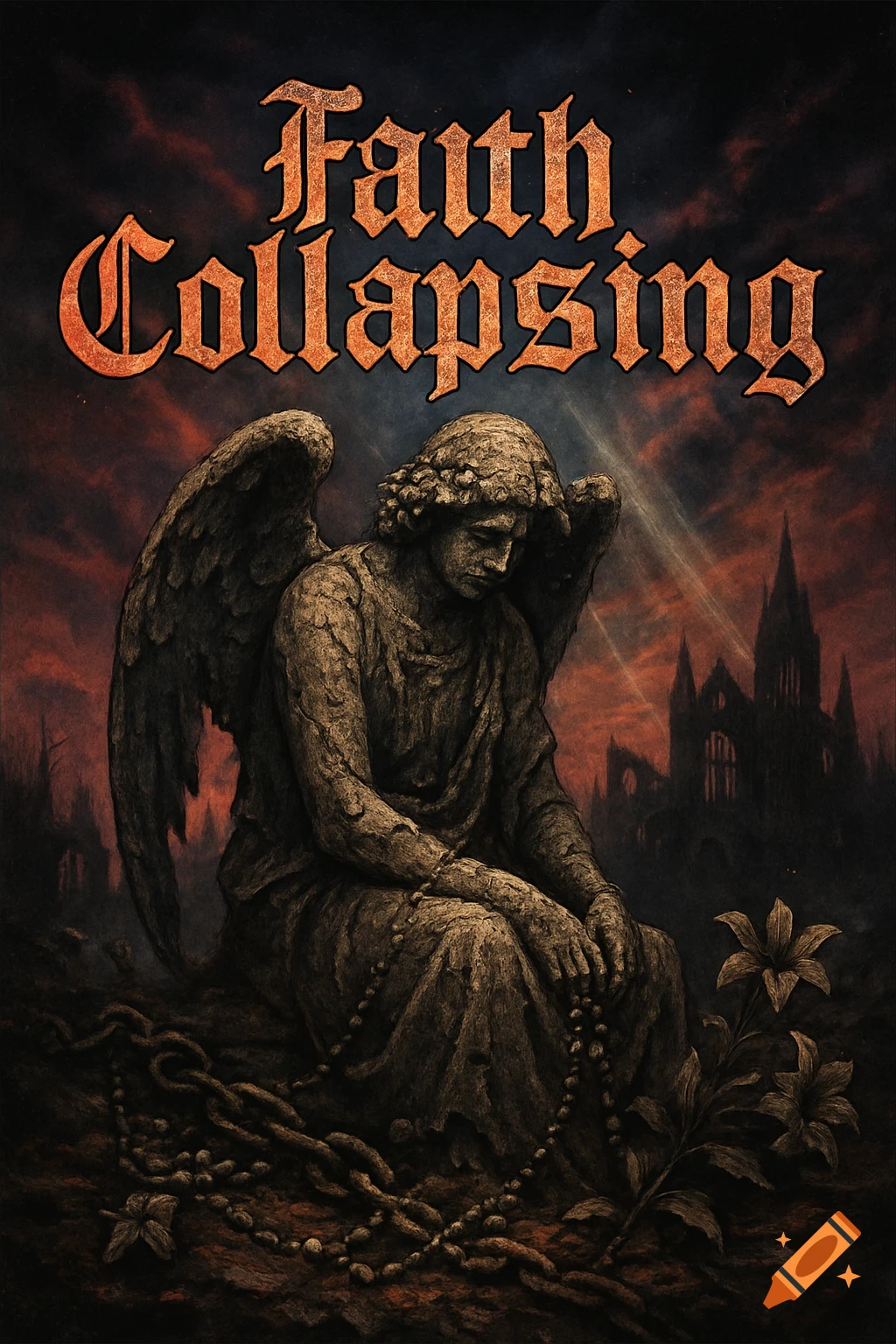 Gothic album cover featuring a stone angel statue holding a rosary, with cathedral ruins in the background under a dark sky. Text reads 'Faith Collapsing'.
