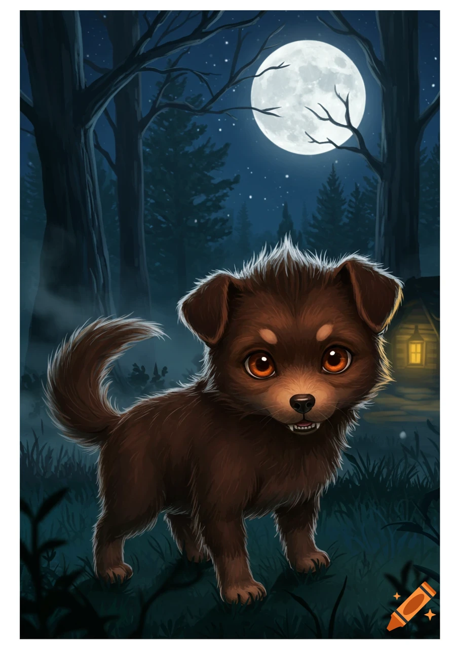 A cartoon werewolf puppy with orange eyes and small fangs stands in a misty forest at night under a full moon.