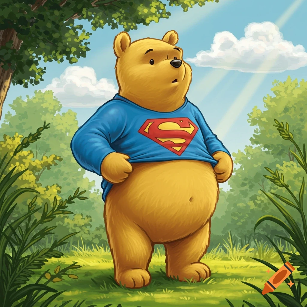 Winnie the Pooh wearing a blue Superman shirt, pulling it up to show his belly, standing in a sunny forest.