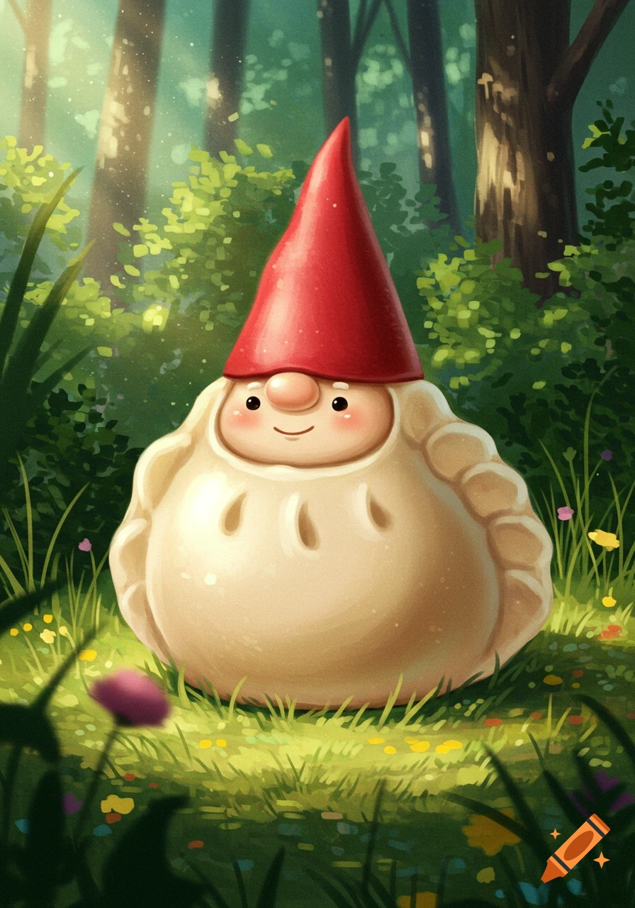 A cute gnome character with a red hat and dumpling-like body stands in a vibrant forest, illustration.