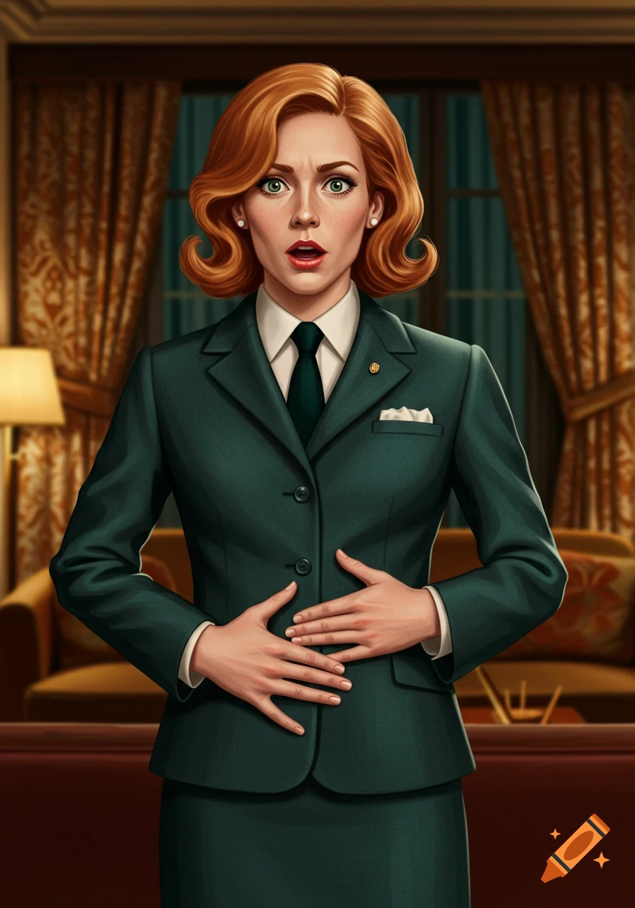 A woman with red hair in a green suit looks surprised, hands on her stomach, in a classic-style room.