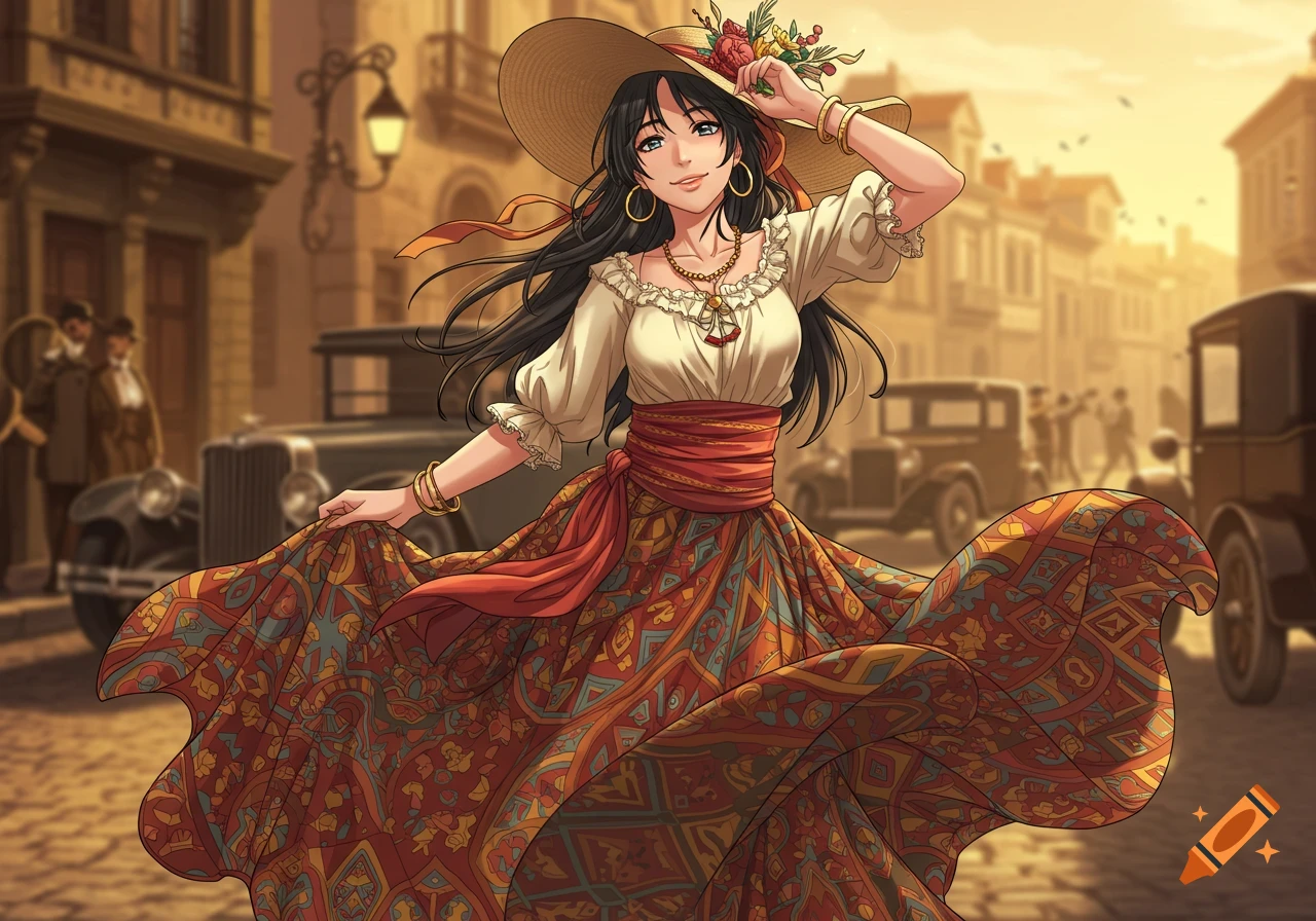 An anime-styled Romani woman in traditional clothing and a wide-brimmed hat stands on a 1920s cobblestone street.