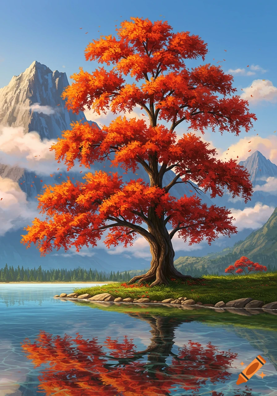 A vibrant red-leafed tree stands by a clear lake reflecting its colors, with mountains under a blue sky.