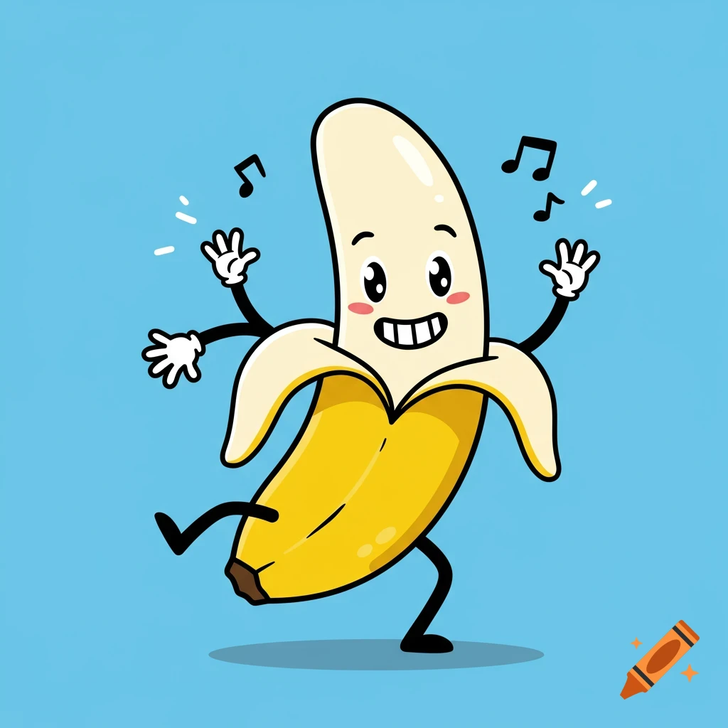 A cheerful cartoon banana with arms and legs dances on a blue background, surrounded by musical notes.